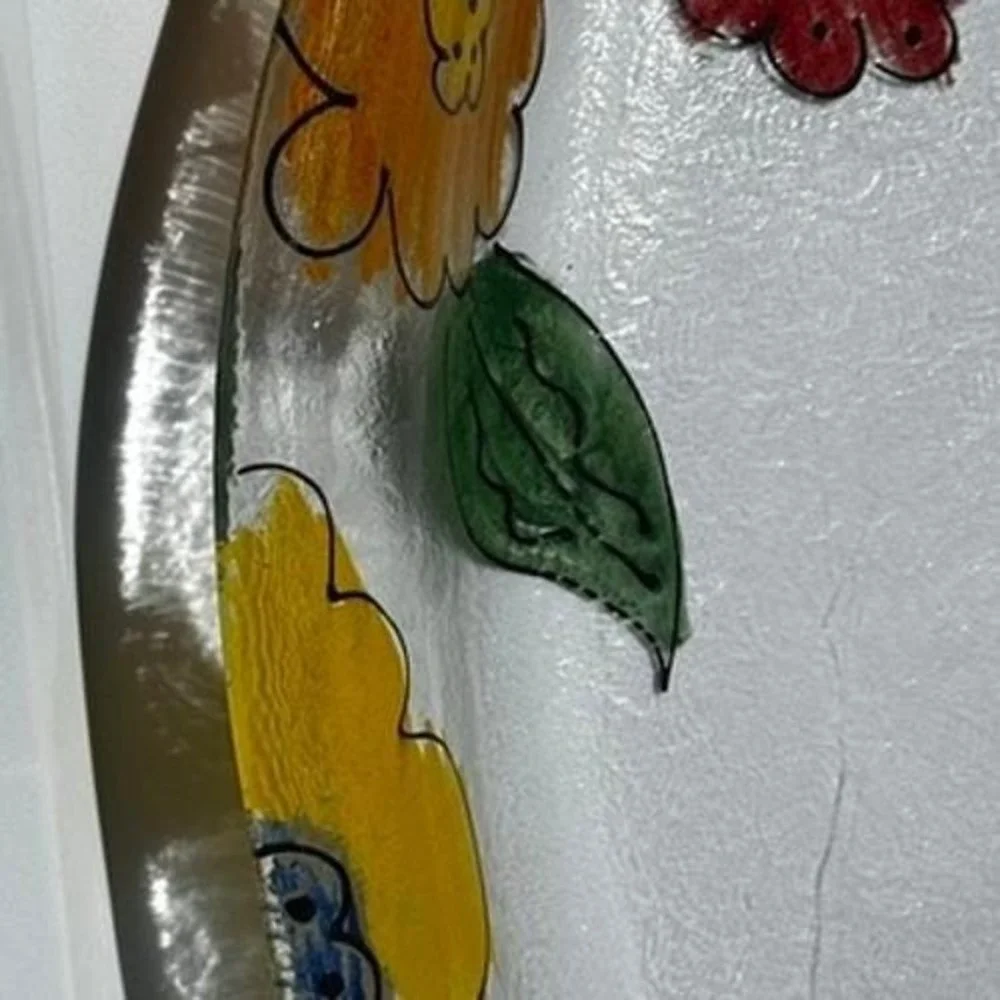 Retired Crate & Barrel Painted Floral Glass Platter Oval Serving Clear Glass 15